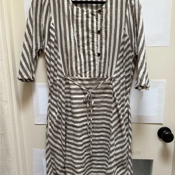 Gudrun Sjoden Oatmeal Gray & Cream Striped Cotton Dress with 3/4 Sleeves. Size L - Picture 2 of 8